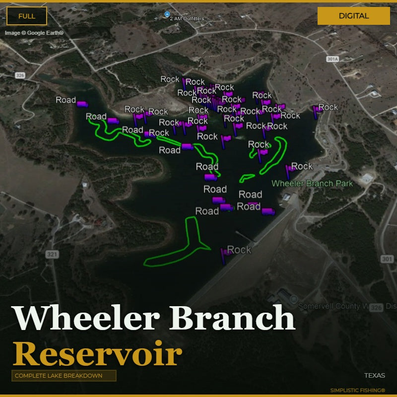 Map of Wheeler Branch Reservoir with labeled features on a digital display.