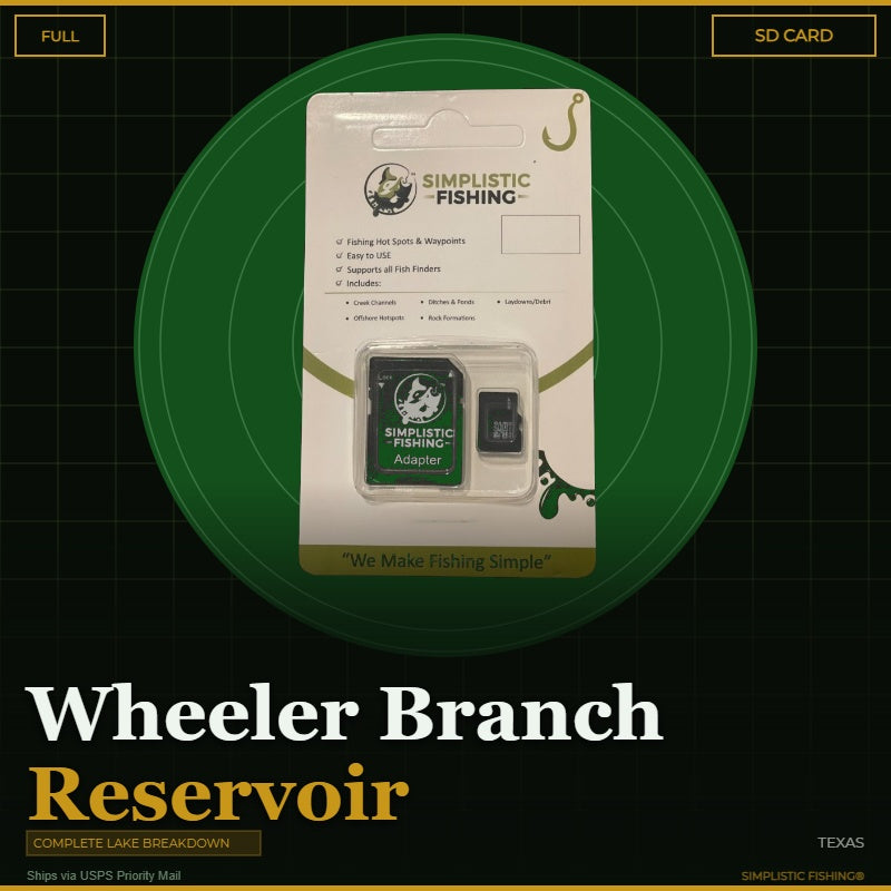 Product packaging for Simplistic Fishing on a green and black background with text about Wheeler Branch Reservoir.