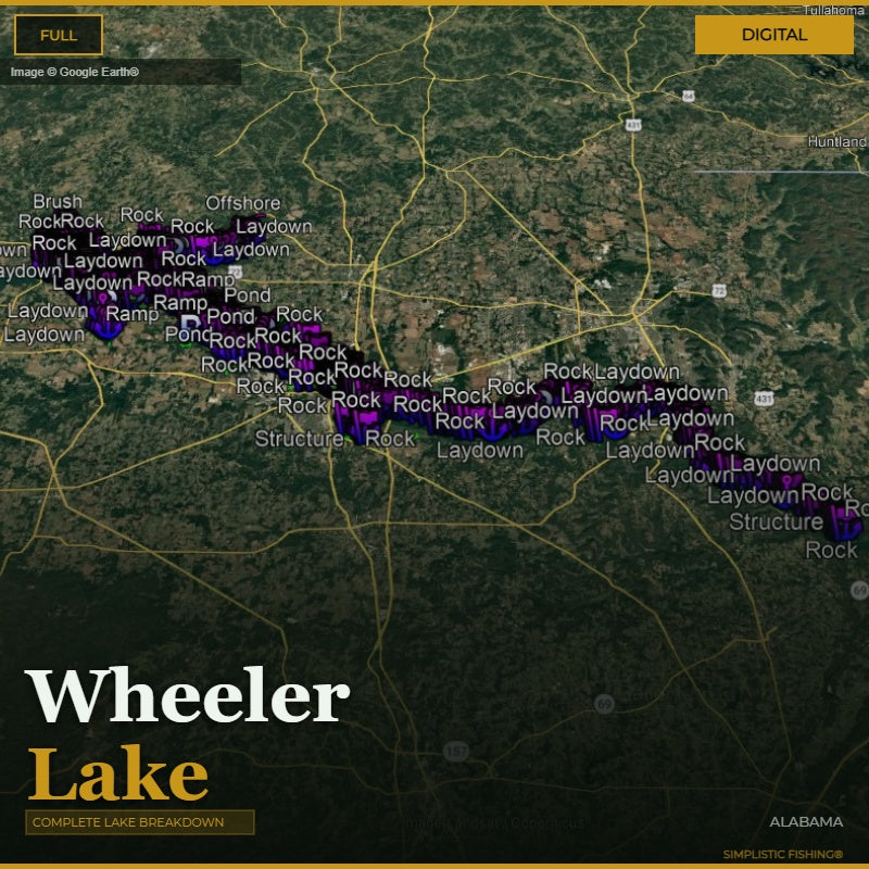 Map of Wheeler Lake with various fishing spots labeled on a digital display.