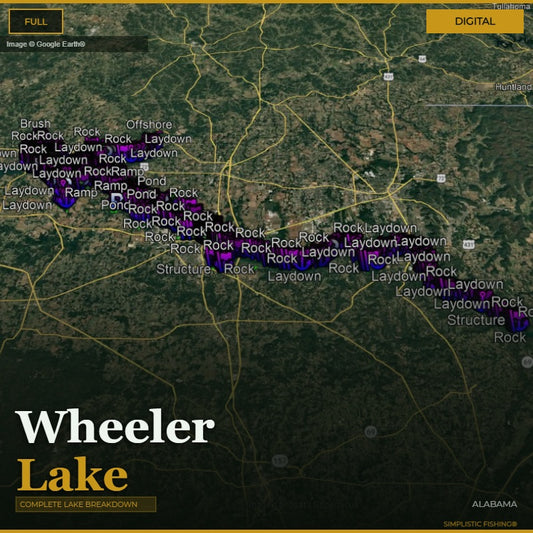 Map of Wheeler Lake with various fishing spots labeled on a digital display.