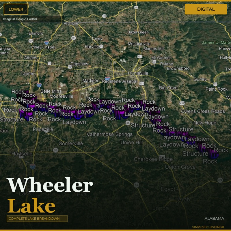 Map of a region with various labeled points, including 'Wheeler Lake', on a digital display.