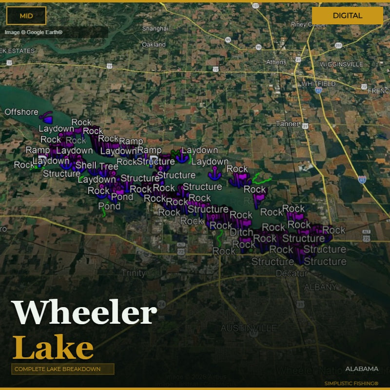 Map of a lake area with various markers and labels, including 'Wheeler Lake'.