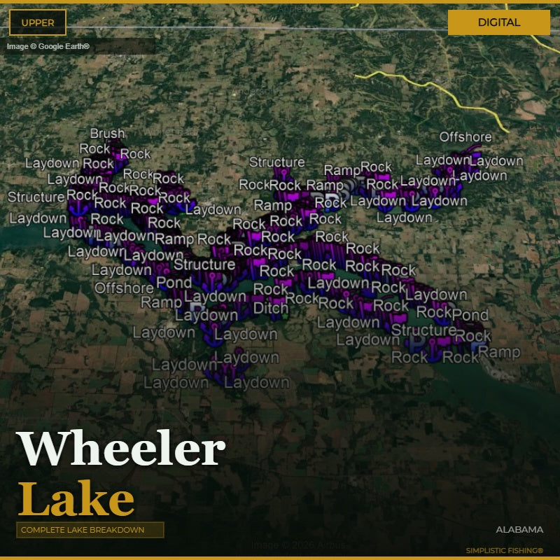 Map of Wheeler Lake with various fishing spots labeled on a digital interface.