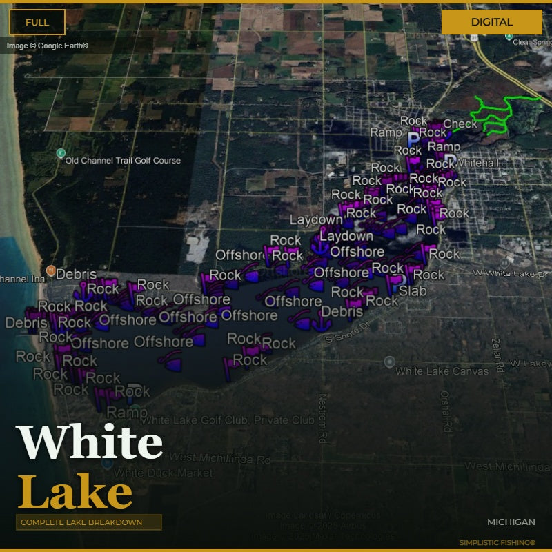 Map of White Lake with fishing locations marked on an aerial view.