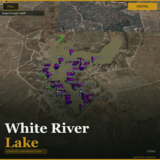 Map of White River Lake with various markers indicating obstacles and features.