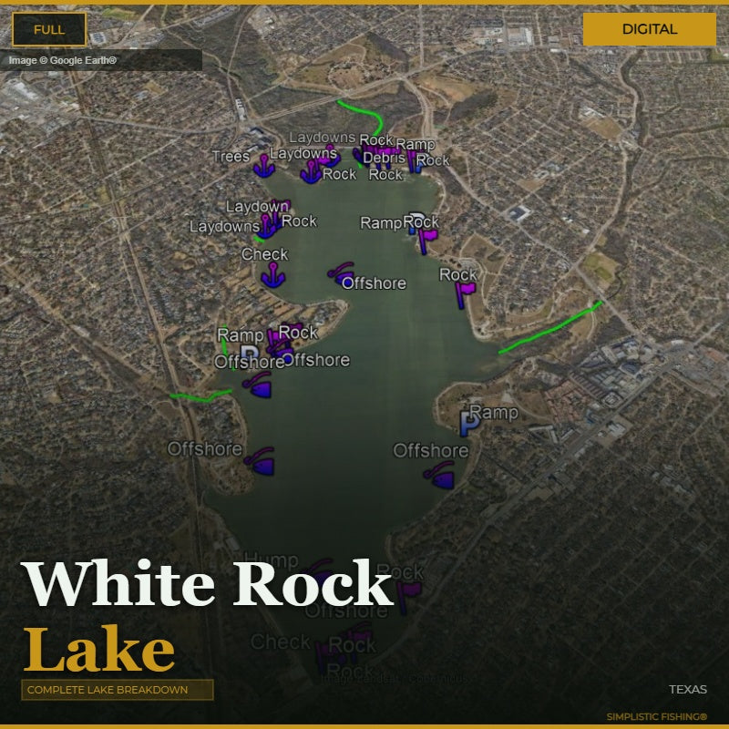 Map of White Rock Lake with various markers and labels on a digital interface.
