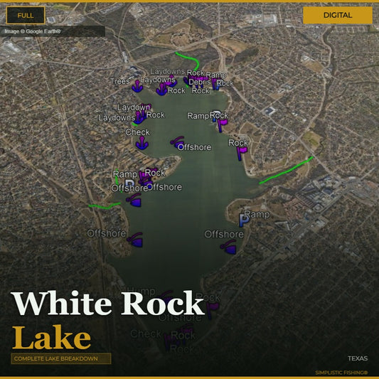 Map of White Rock Lake with various markers and labels on a digital interface.