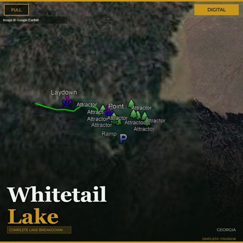 Map of Whitetail Lake with various fishing attractor points and labels.