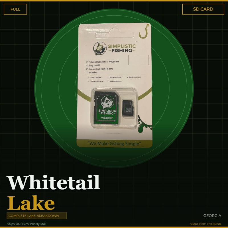 Packaging of Simplistic Fishing product on a green circle with 'Whitetail Lake' text.