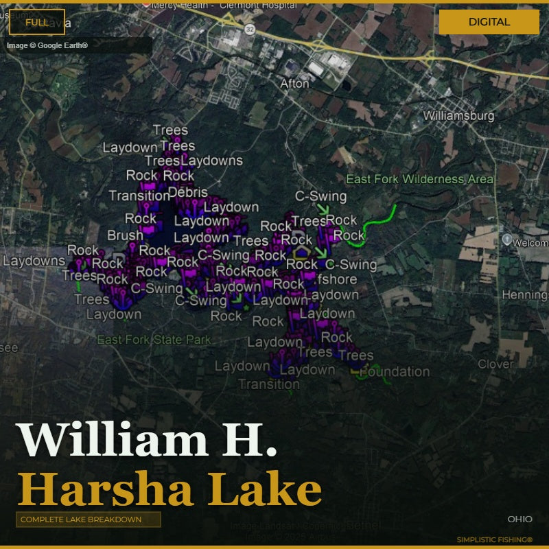 Map of William H. Harsha Lake with labeled features and a digital overlay.