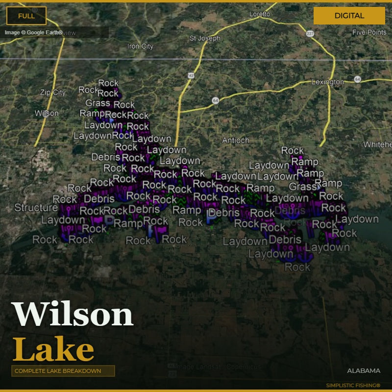 Map of Wilson Lake with various fishing spots labeled on a digital display.