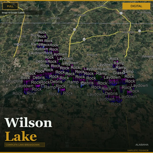 Map of Wilson Lake with various fishing spots labeled on a digital display.