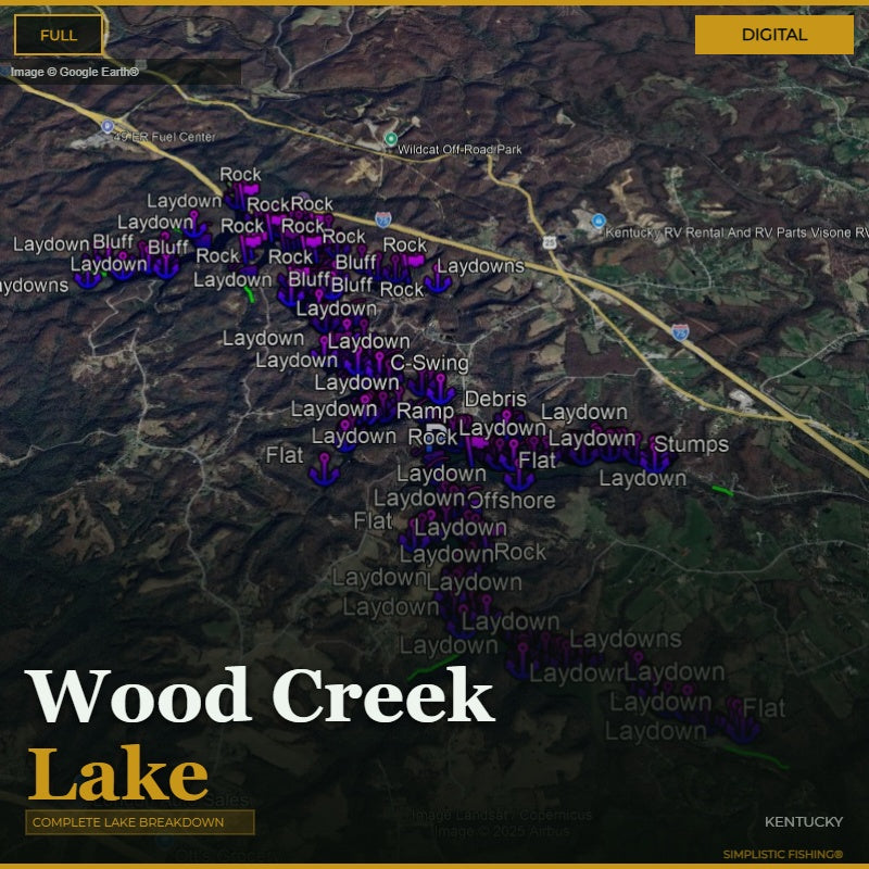 Map of Wood Creek Lake with fishing laydowns and other points marked on a digital display.