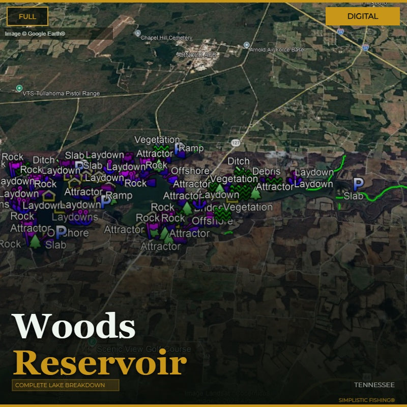 Map of Woods Reservoir with various fishing laydowns and attractors labeled.