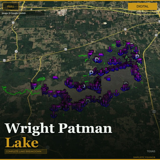 Map of Wright Patman Lake with labeled points and routes on a digital display.