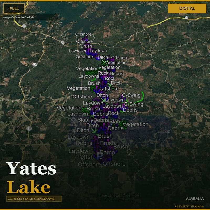 Map of Yates Lake with various laydown points labeled on a digital display.