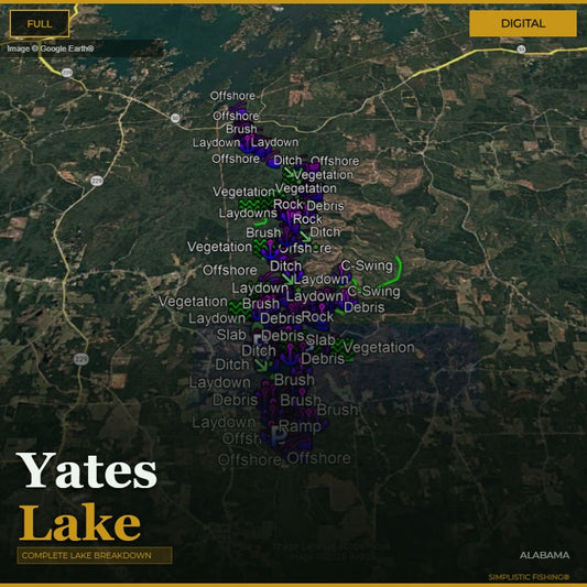 Map of Yates Lake with various laydown points labeled on a digital display.