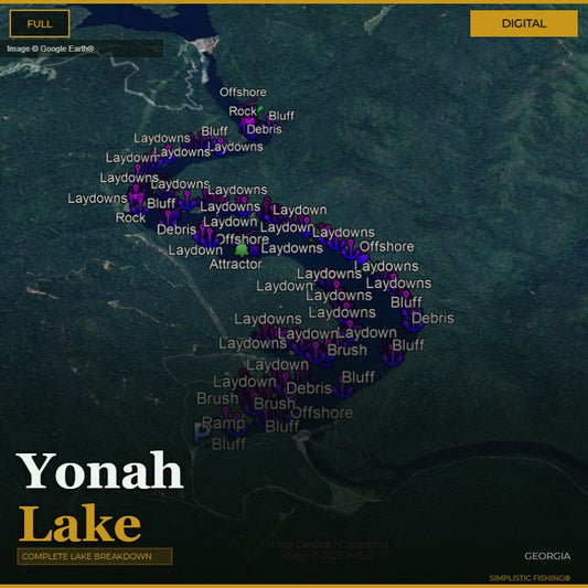 Map of Yonah Lake with fishing laydowns and features labeled on a digital interface.